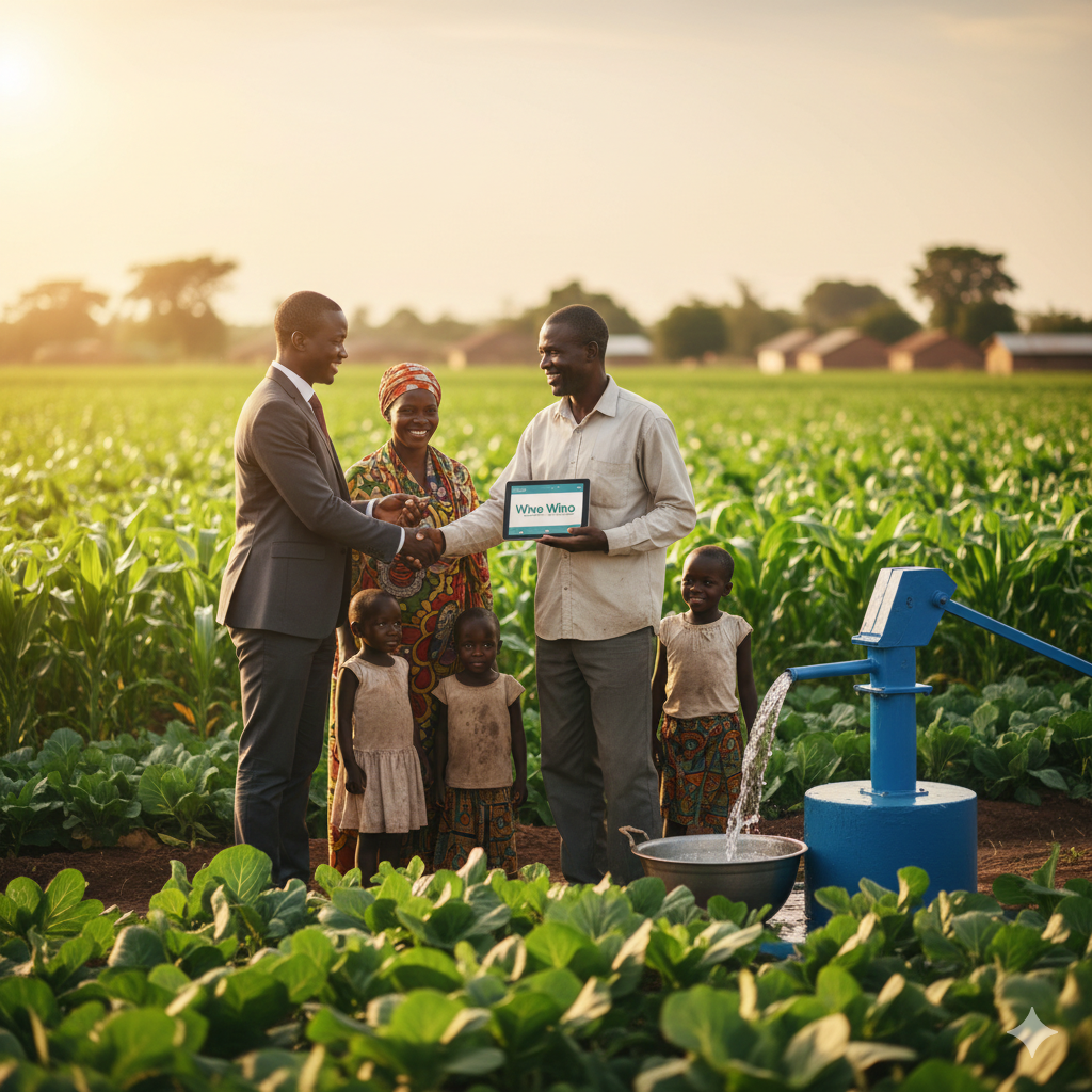 Conseiller bancaire et agriculteur béninois examinant le rapport HydroScan sur tablette devant une pompe à eau