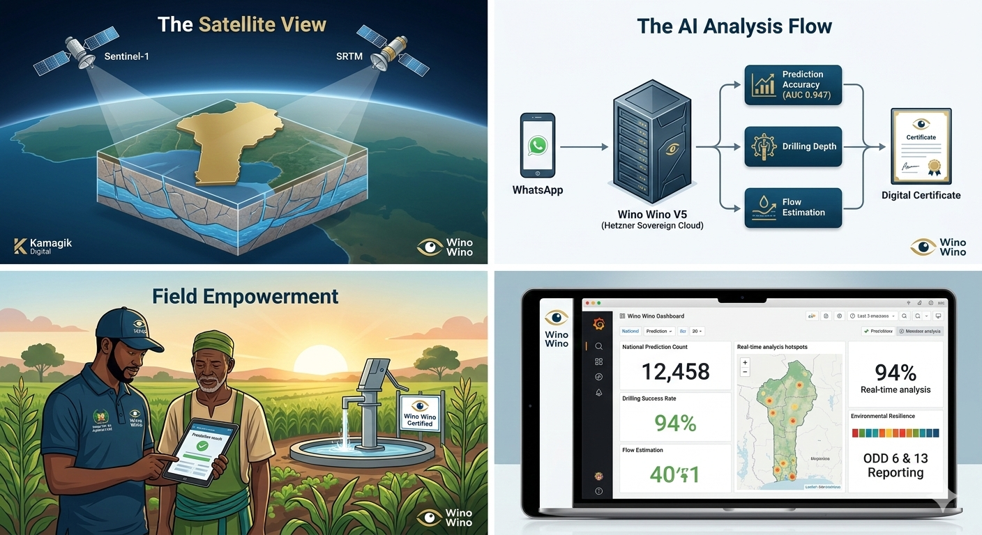 Pipeline technique HydroScan : vue satellite, flux IA (WhatsApp → prédiction → certificat digital), terrain et dashboard 94% précision